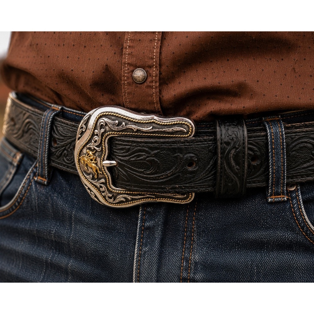 Tony Lama C41513 Belt Sz 32 Black Westerly Ride Tooled Leather Bronco Buckle USA